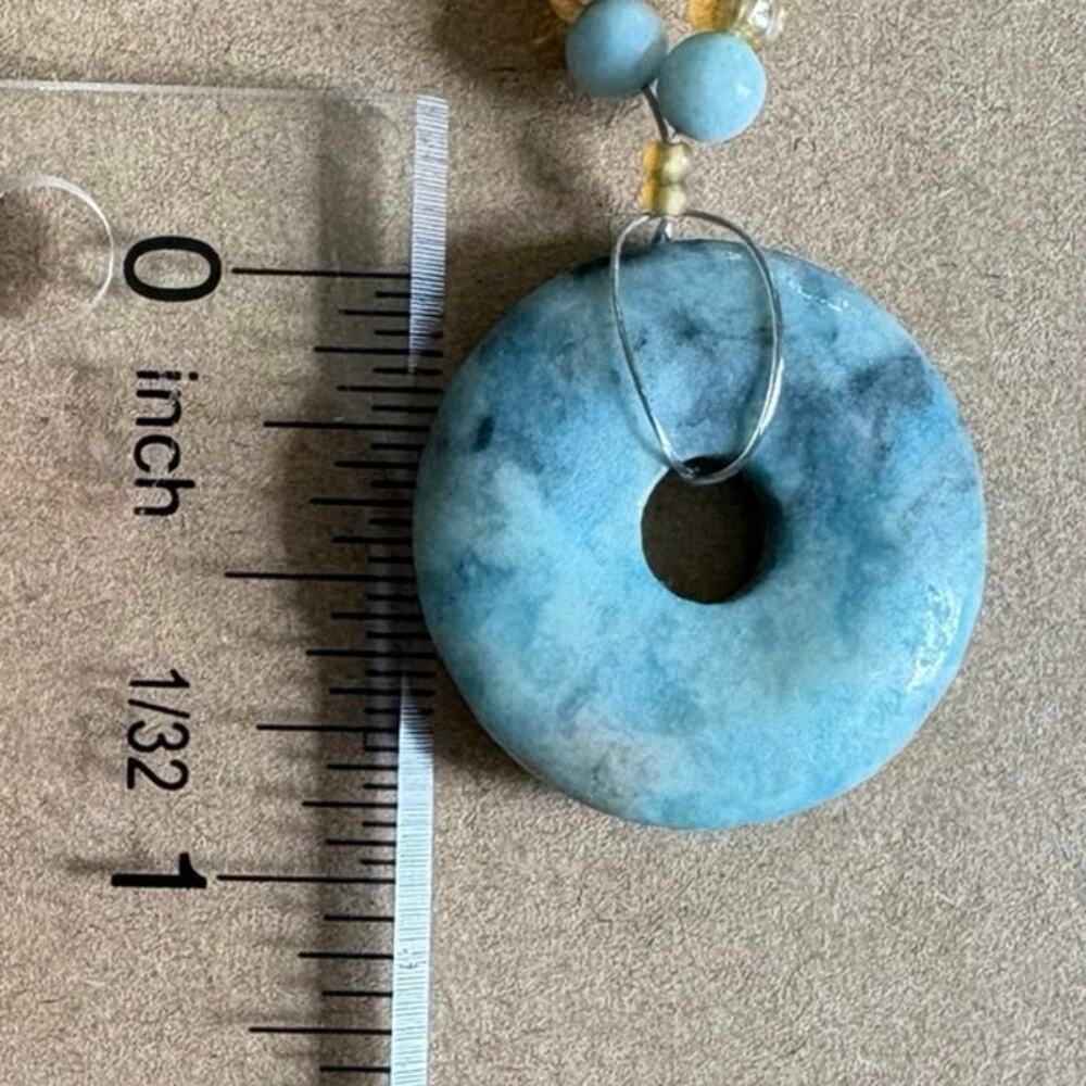 Boho Beaded Stone Donut Pendant Necklace Aqua Green Artisan Statement - Picture 6 of 6
